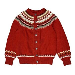 Vintage Norsk Husfliden Fair Isle Pattern Orange Button Up Sweater